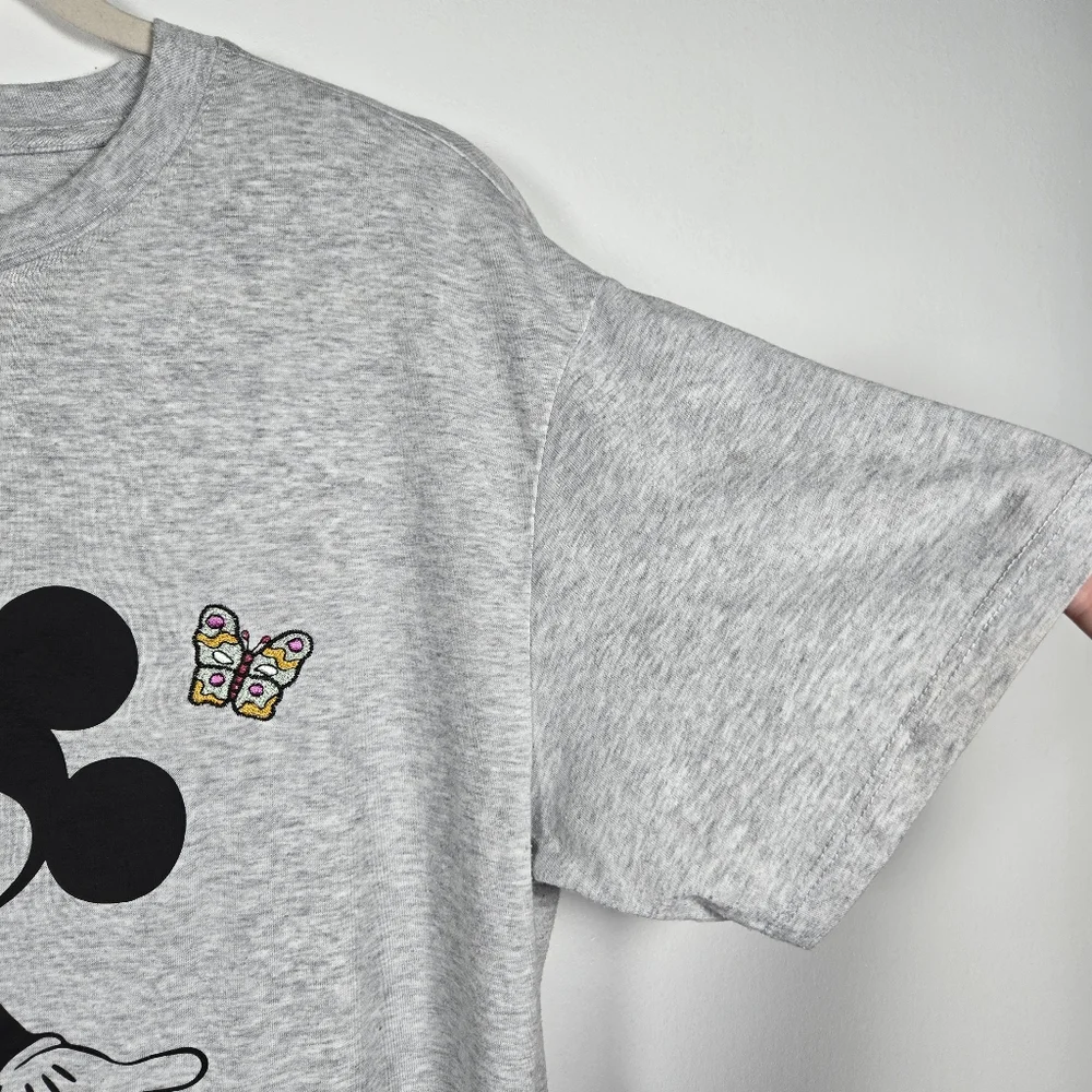 Disney Mickey Mouse Character Embrodered Floral Gray Heathered T-Shirt Large - Picture 6 of 12